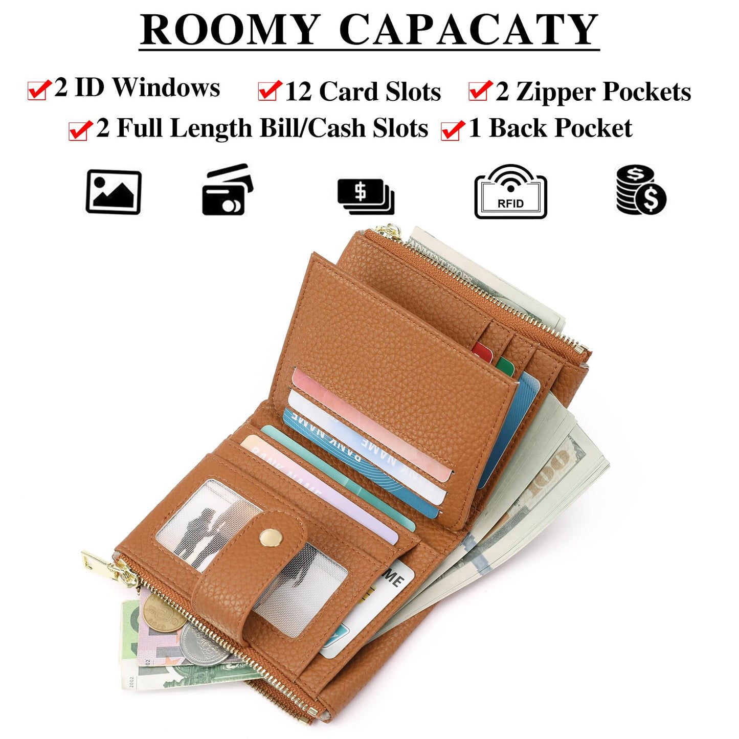 GOIACII Small Wallet for Women with Double Zipper Pocket RFID Blocking Ladies Wallet Leather