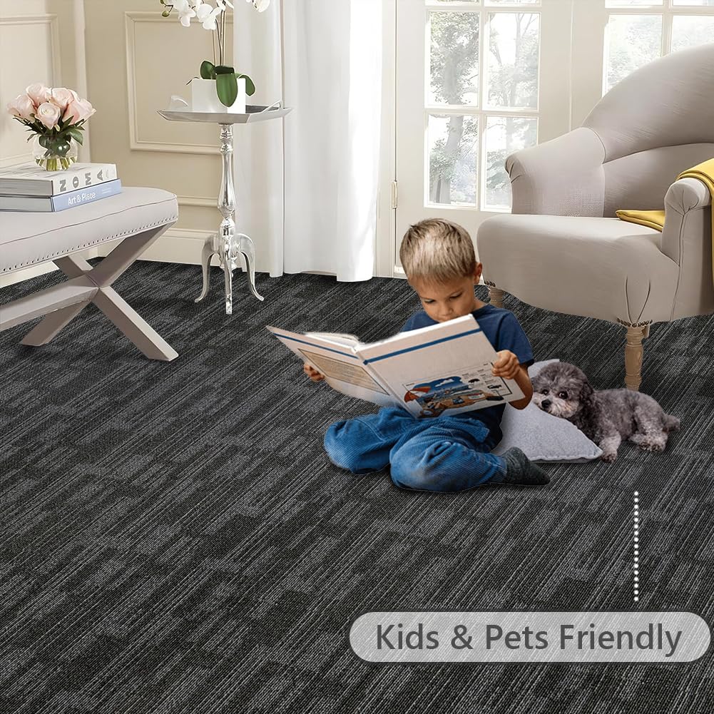 Heavy Duty Commercial Carpet Tiles 24" x 24", 18 Pcs/72 sq ft (FlexLok tabs Included),Non-Slip Soft Square Carpet Floor Tile for Office Bedroom Living Room Kitchen Garage Gym (Grey)