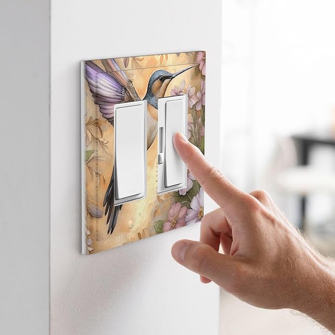 Decorative Art Light Switch Covers Blossom & Hummingbird 2 Gang Dual Rocker Outlet Switch plate Faceplate GFCI for Home Decor