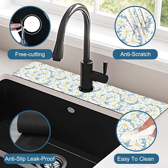 White Flower Sink Faucet Absorbing Mat Cute Chamomile Super Absorbent Fast