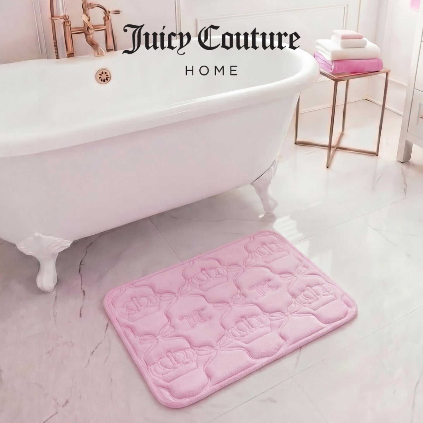 Juicy Couture Quilted Memory Foam Bath Mat, 17" x 24" Bow Lattice Pink Skid-Resistant Bath Rug