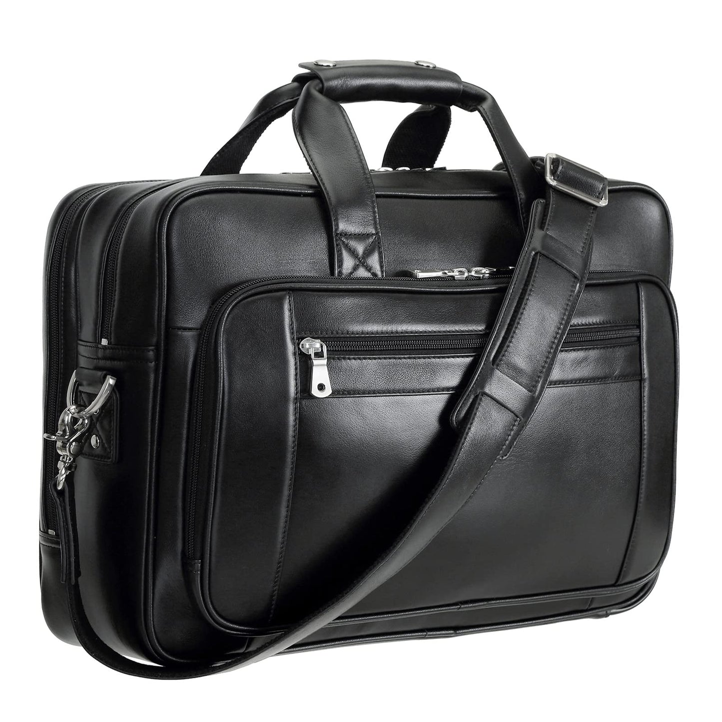 compalo Men's Solid Thick Napa Leather 17.3" Laptop Briefcase Classic Messenger Bag Fit Business Travel