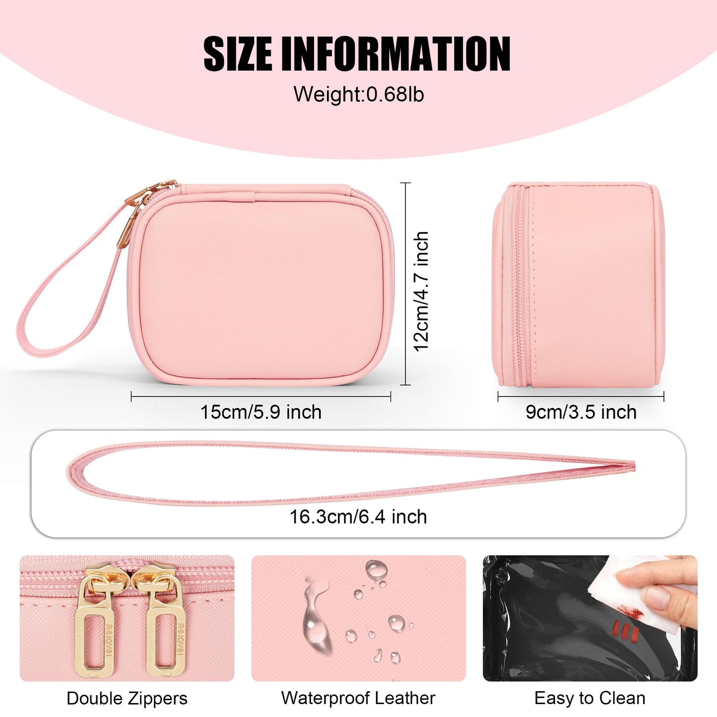 Relavel Mini Makeup Bag with Led Mirror, Small Cosmetic Bag with 3 Light Modes, Rechargeable Portable Makeup Pouch with Hands-Free Wrist Strap for Pool Parties丨Work Touch-Ups丨Travel - Pink