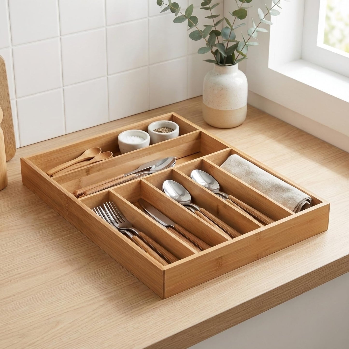 JIMMY LUCKY Wooden Silverware Organizer for Drawer, Bamboo Utensil Drawer Organizers, Kitchen Utensil Organizer Tray with 7 Storage Compartments, Flatware Organizers for Cutlery Flatware
