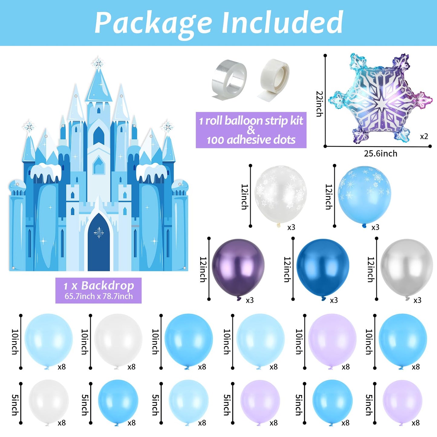 Snow Balloon Garland Arch Kit Princess Castle Backdrop Blue Purple Snowflake Balloons Garland Kit Winter Wonderland Princess Party Decorations for Girls Birthday Baby Shower Wedding Party Supplies