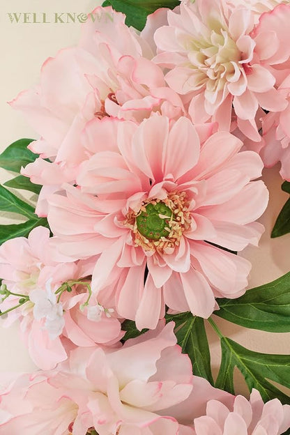 WELL KNOWN Artificial Silk Peony Flower Wreath, Fall Winter Wreaths for Front Door Porch, Wreath for Home Office Shops Wall Hanging Window Wedding Farmhouse Thanksgiving Party Decor (Blush Pink)