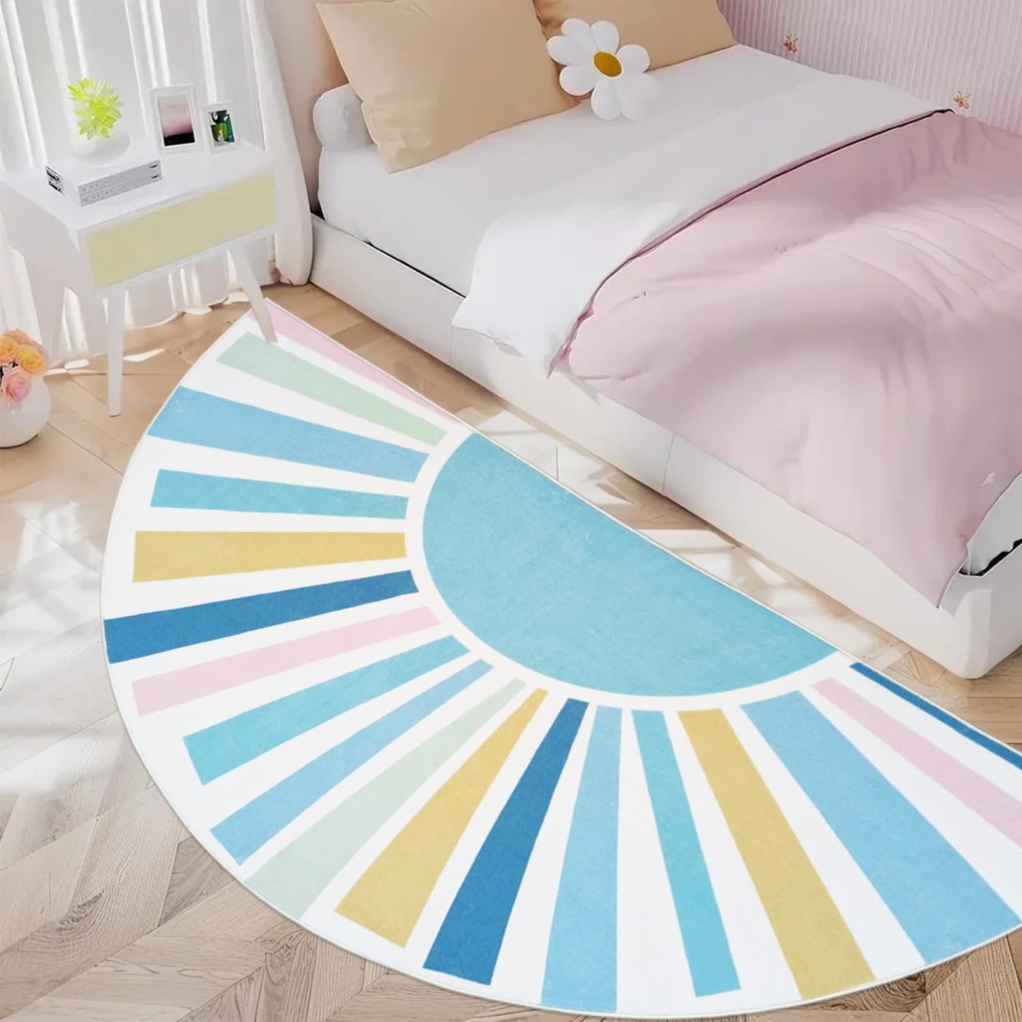 Lacomfy Half Circle Boho Sun Rug 3x6Ft Half Round Kids Play Mat for Bedroom Playroom, Semicircle Carpet for Boys Girls Nursery Mat Classroom Living Room Decor, Half Moon Doormat, Blue
