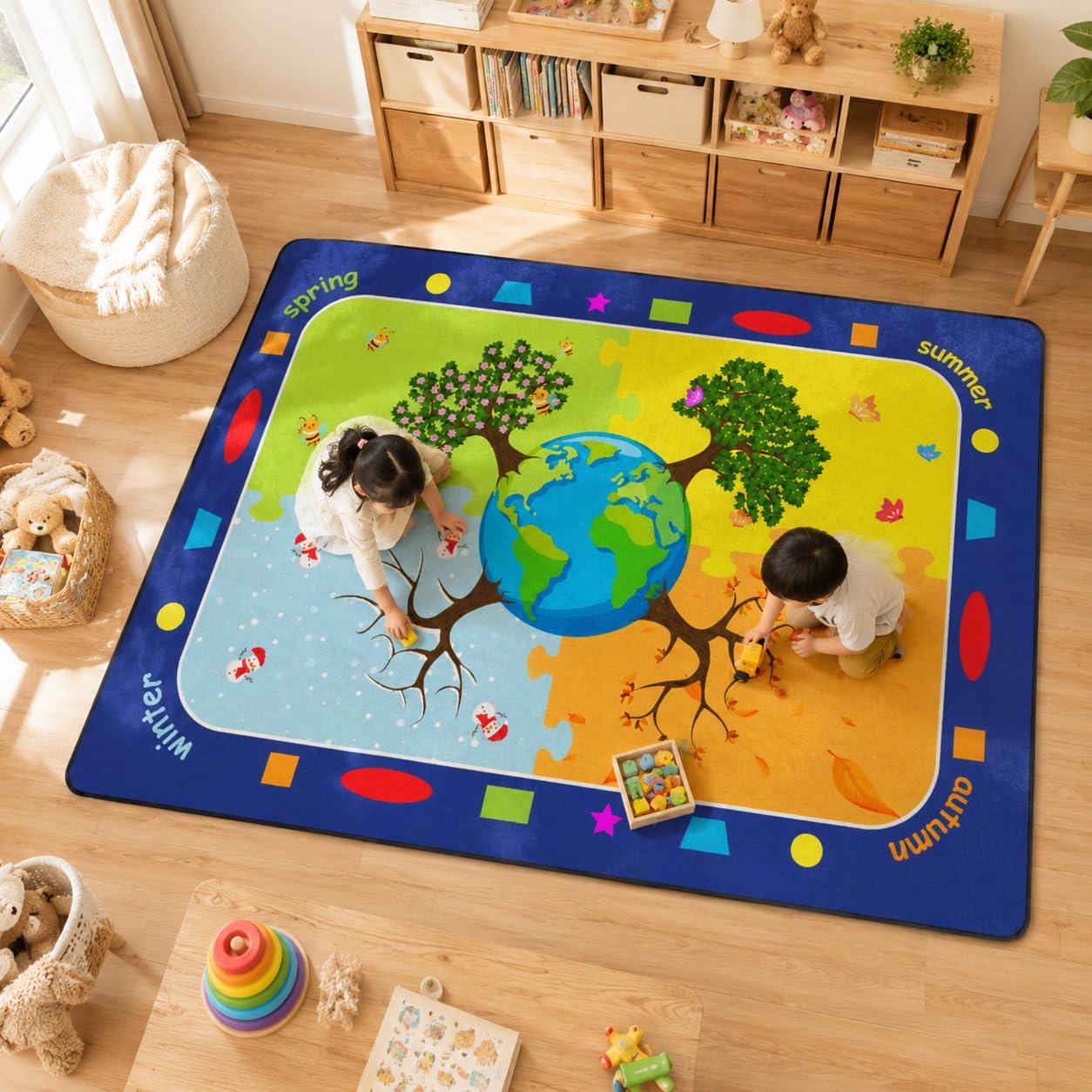 Kids Rugs for Playroom, Trees of the Four Seasons Rugs, Non-Slip Soft Earth&Trees Kids Rug, Earth Day Educational Playmat for Kids Carpet for Preschool Elementary Classroom -5' x 7' Blue