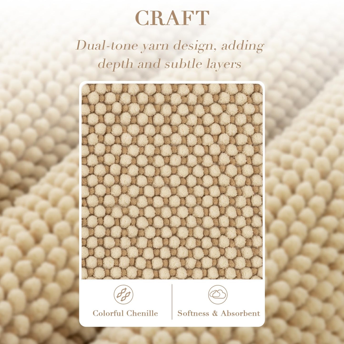 BSICPRO Bathroom Rugs Set 2 Piece-Chenille Bath Mats Non Slip-Thick Soft Absorbent Boho Bath Rug-Shower Floor Mat Machine Washable-Bathroom Decor Accessories (Beige, 20" x 32" Plus 16" x 24")