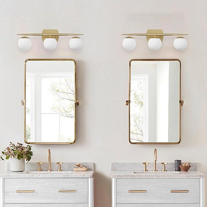Gold Bathroom Light Fixtures, 3-Light 25.1 Inch Modern Light Fixture Bathroom with Milky White Frosted Glass Shades, Wall Sconces for Bathroom, Bedroom, Living Room(G9 Bulb not Included)