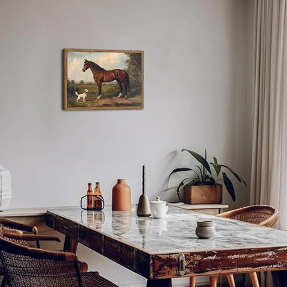 Framed Vintage Wall Art, Rustic Horse and Dog Pictures Wall Decor, Farmhouse Animal landscape Paintings Canvas Prints Neutral Aesthetic Home Decor for Living Room Bedroom Bathroom Office 12x16 inch