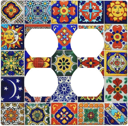 Decorative Light Switch Cover Plate Traditional Colorful Talavera Mexican Spanish Moroccan Tiles 2 Gang Socket Covers Double Duplex Wallplates Switch Plates and Outlet Covers for Kitchen Bathroom