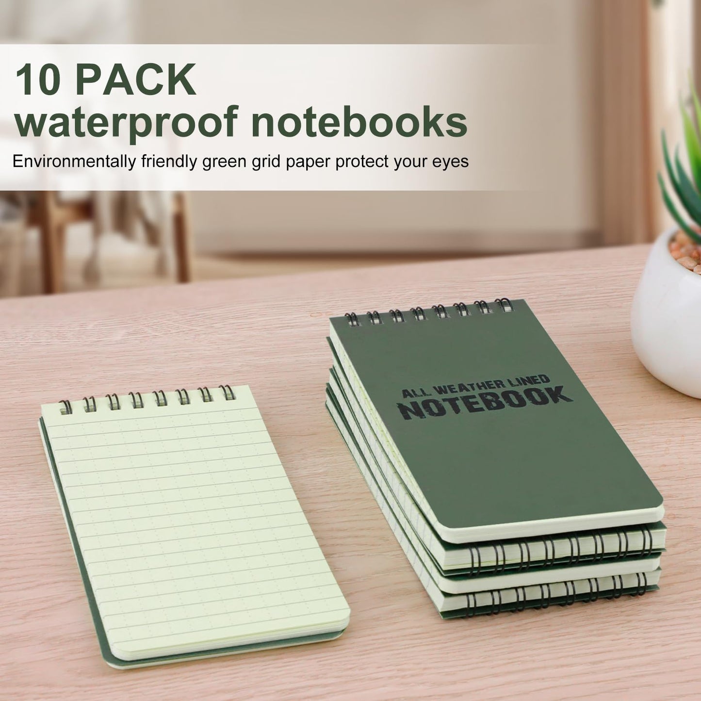 RETON 10 Pack Waterproof Notebook, 3 x 5 Inches Waterproof Pocket Notepad, All-Weather Top Spiral Memo Steno Pads with Grid, Write in the Rain Notebook for Outdoor Activity Recording (Army Green)