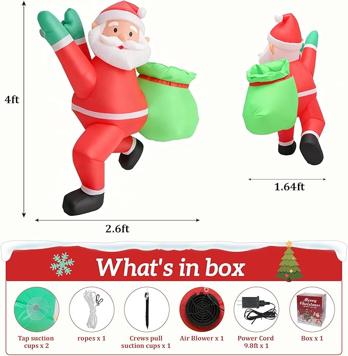 4FT Christmas Inflatable Santa Claus Outdoor Decorations Built-in Bright LEDs, Xmas Santa Carrying Present Sack, for Window Wall Roof Yard Garden Lawn Home Party