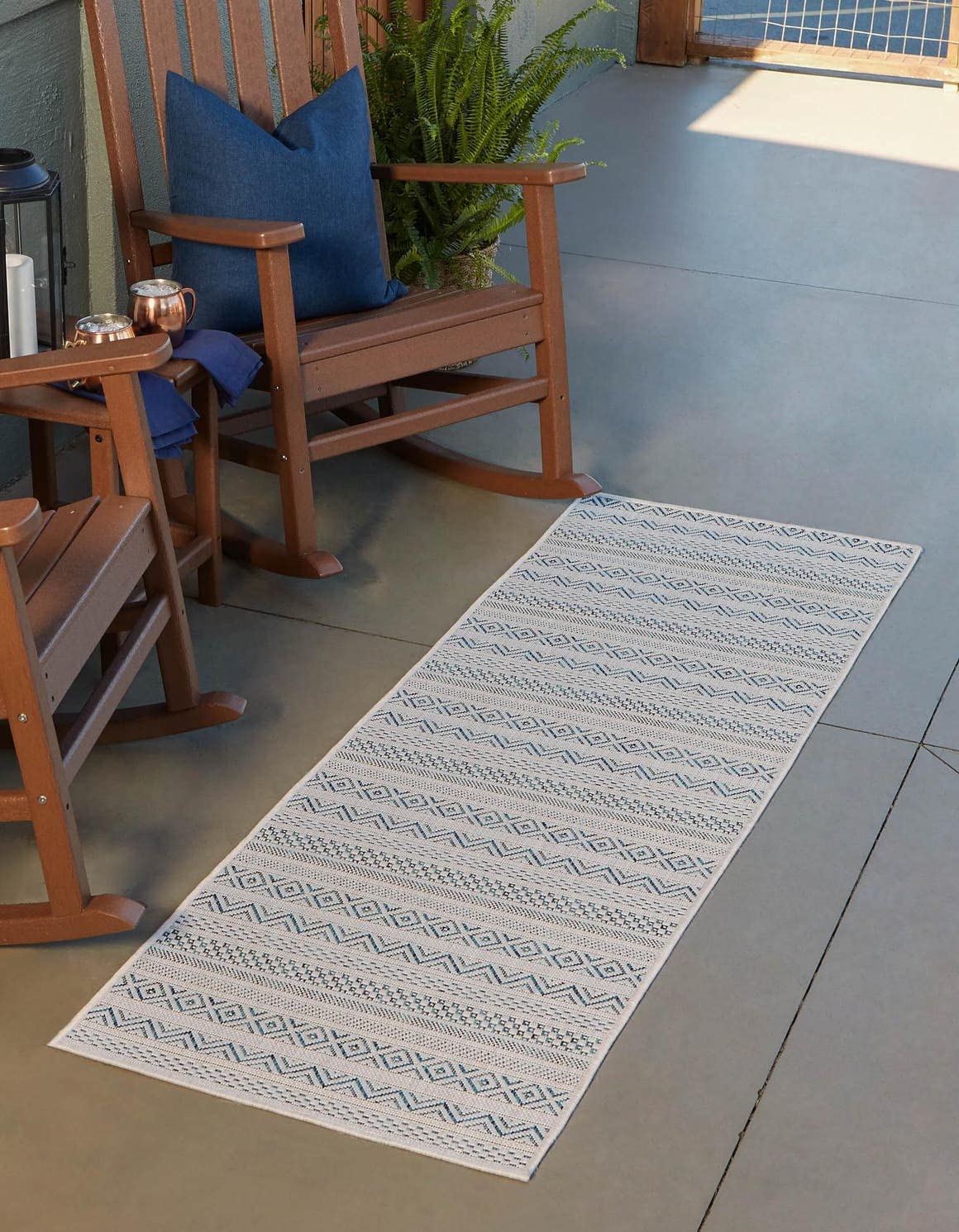 Unique Loom Outdoor Striped Collection Area Rug - Maia (2' x 6' 1" Runner, Teal/Ivory)