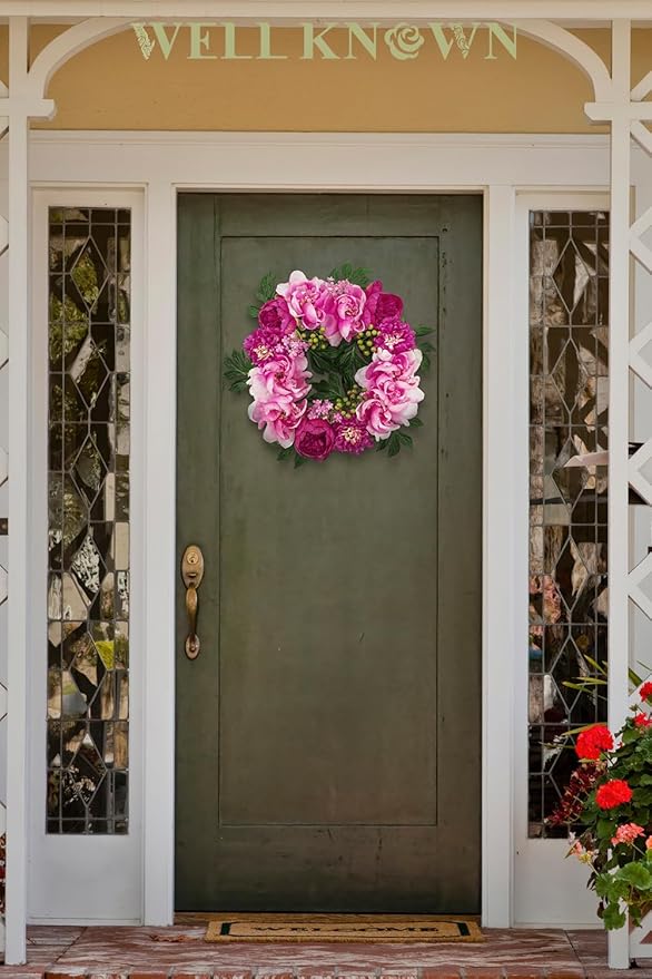 WELL KNOWN Spring Wreaths for Front Door, Peony Wreath for Front Door, Porch Outside Indoor, Wall Window Farmhouse Party Holiday Home Decor(Fuchsia)