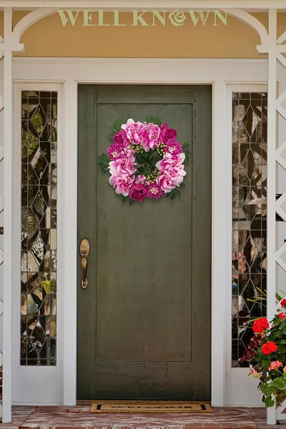 WELL KNOWN Spring Wreaths for Front Door, Peony Wreath for Front Door, Porch Outside Indoor, Wall Window Farmhouse Party Holiday Home Decor(Fuchsia)