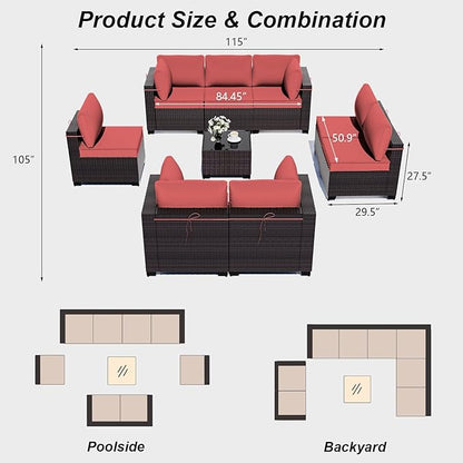 ALAULM 9 Pieces Outdoor Patio Furniture Set Sectional Sofa Sets Brown PE Rattan Patio Conversation Set w/8 Red Seat Cushions and 1 Coffee Table