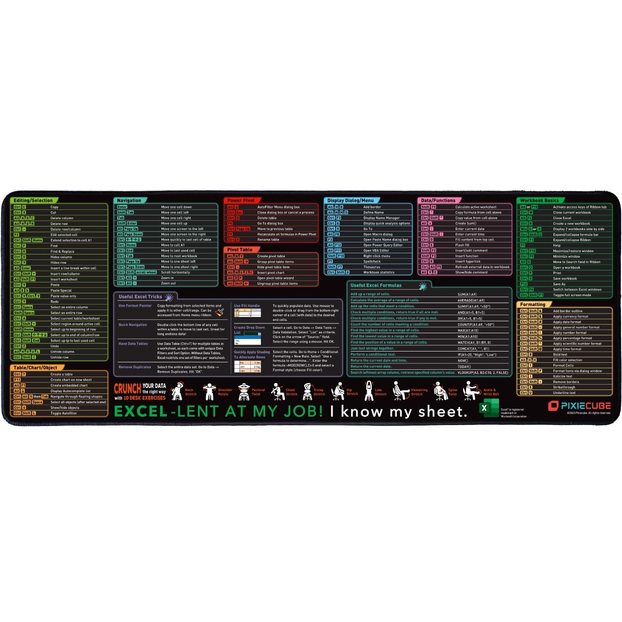 Pixiecube Excel Shortcut Keys Mouse Pad - Extended Large XL Cheat Sheet Gaming Mousepad | PC Office Spreadsheet Keyboard Mat | Non-Slip Stitched Edge