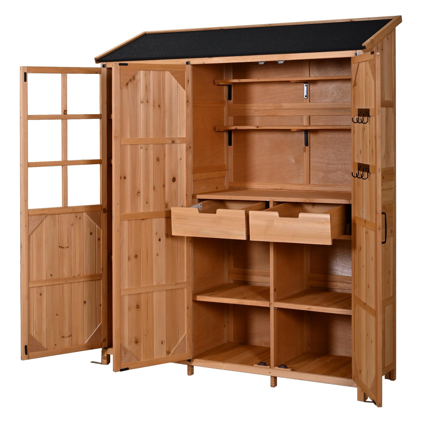 Outdoor Garden Shed with Waterproof Roof and Workstation, Outdoor Storage Cabinet with 7 Storage Shelves, 2 Drawers and 6 Hooks, Natural