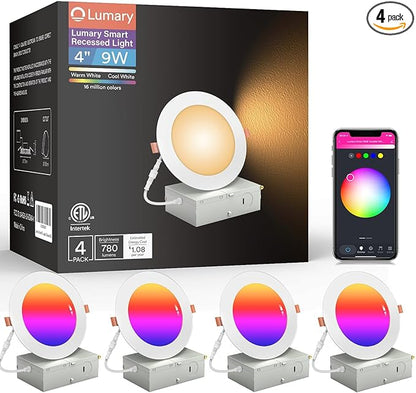 Lumary 4 Inch Smart WiFi Recessed Lights, 9W 780LM Ultra-Thin LED Recessed Lighting, Smart LED Wafer Downlights with Junction Box, Compatible with Alexa/Google Assistant/BT Remote, ETL Listed, 4 Pack