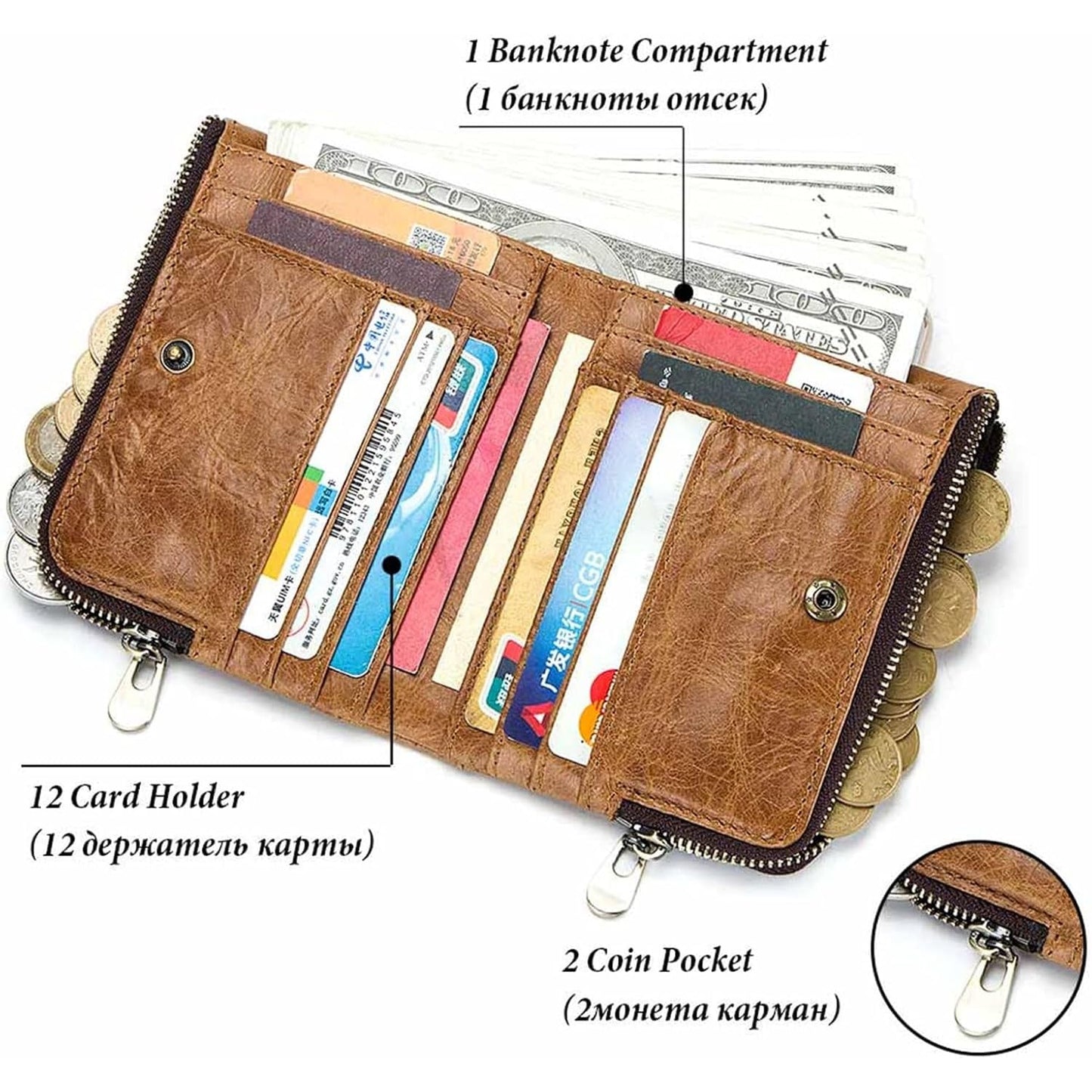 ZYLOXAR Genuine Leather Wallet for Men RFID Blocking Cowhide Vintage Chain Bifold Double Zipper Snap Closure Slim Large Capacity 12 Card Slots (Yellow)