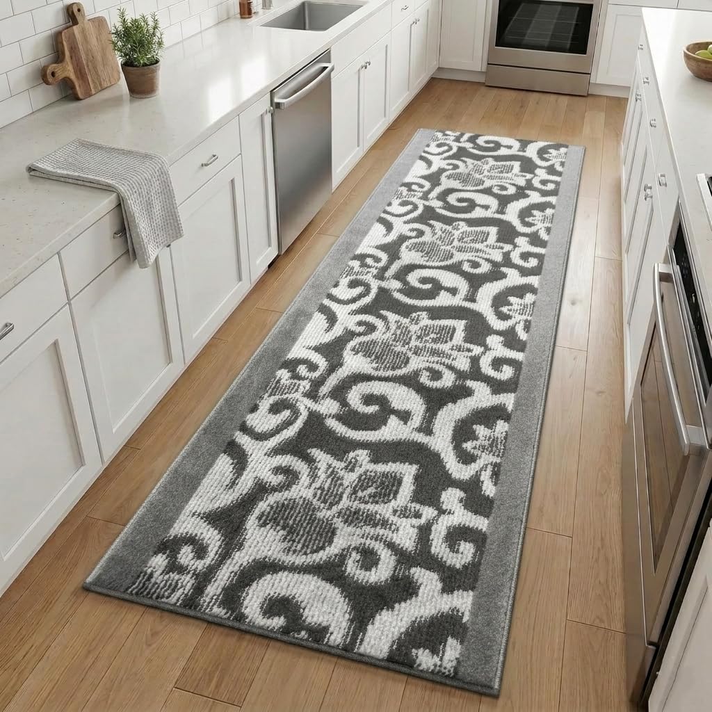 7 Ft Long Non-Slip Washable Carpet Runner Rug with Rubber Backing, Custom Floor Mat for Kitchen Hallway Stairs Bedroom Bathroom Entryway, Your Choice of Length, Lily Anthracite (26" X 7')