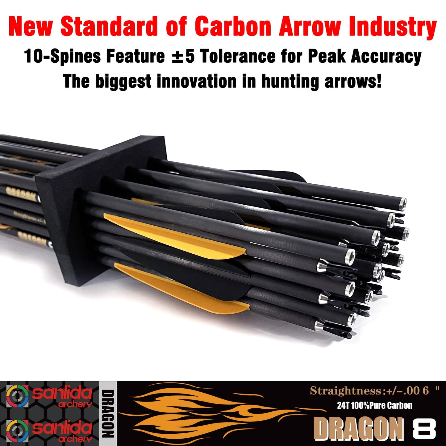 sanlida Dragon 8 100% Pure Carbon Hunting Arrows, 32" Ready-to-Shoot Arrows with Inserts, ±0.006" Straightness, 10-Spine Options, for Compound & Recurve Bows, 24 Pack (320 Spine)
