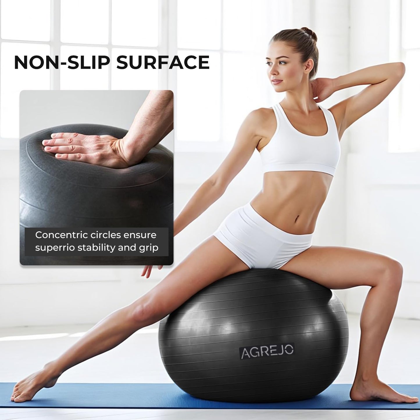 AGREJO Yoga Ball, Exercise Ball for Working Out, Anti-Burst and Slip Resistant for Physical Therapy, Birthing, Stretching, Flexible Seating, Home Gym, with Pump (L: 23-26ines/58-65cm)