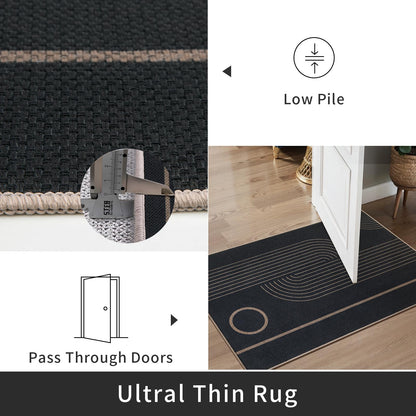 Tangsoo 2x3 Easy Jute Rug for Entryway,Washable Ultra Thin Small Area Rug Non-Slip Black Outdoor Mat, Modern Geometric Line Front Door Carpet for Kitchen Bedroom Porch Doorway Entrance