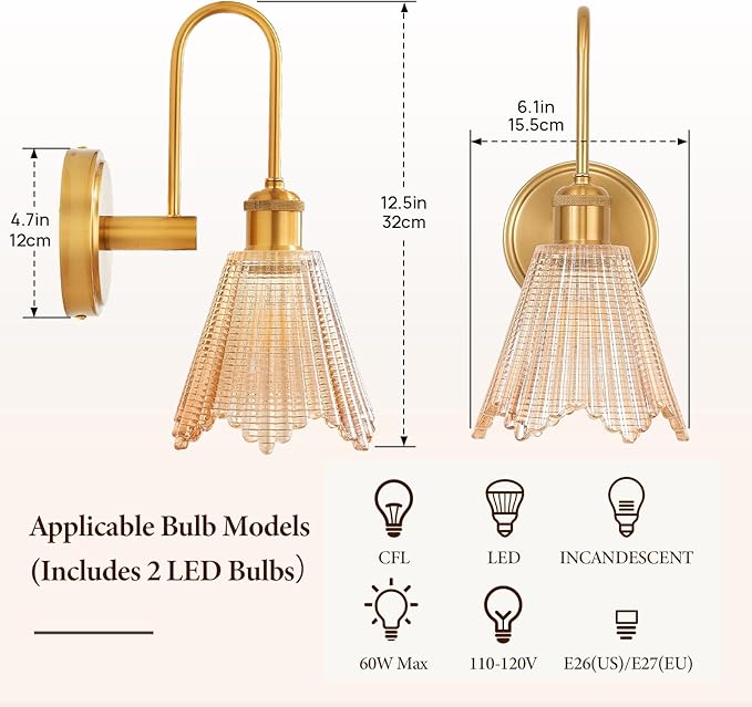Wall Sconce Set of 2, Gold Vintage Light Fixtures with Long Amber Glass Lampshade, Hardwired Sconces Wall Lighting for Bedroom, Bathroom, Living Room | Includes 2 LED Bulbs