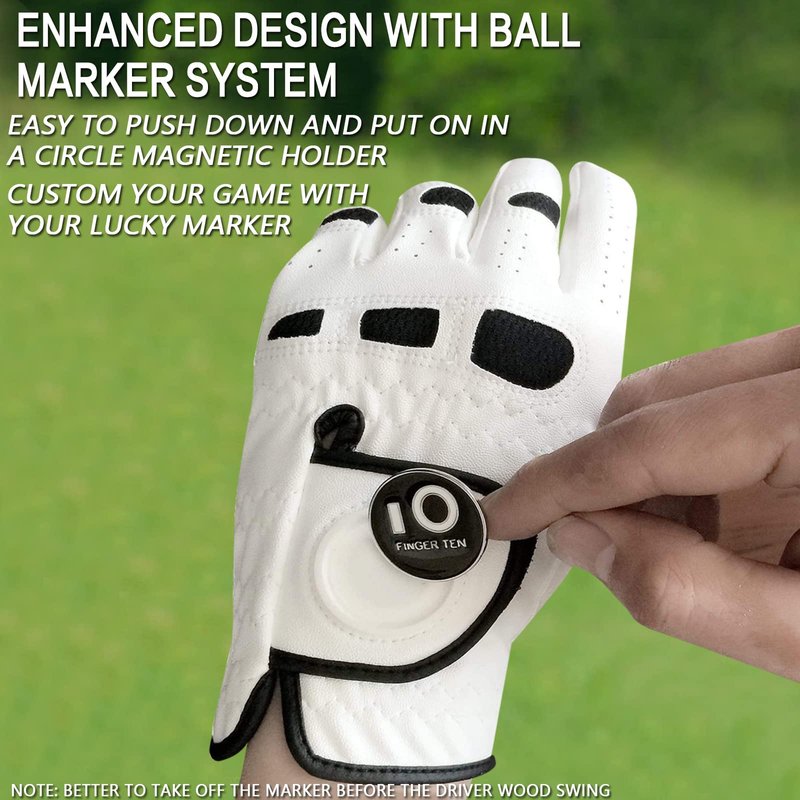 FINGER TEN Men’s Golf Gloves Left Hand Right with Ball Marker 2 Pack, Weathersof Grip Soft Comfortable, Fit Size Small Medium ML Large XL (Cadet S, Worn on Left Hand)