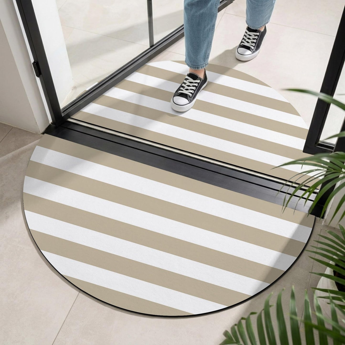 Half Circle Bath Mat Classical Stripe Semicircular Doormat Soft Non Slip Absorbent Quick Dry Diatomite Stone Area Rugs Khaki Drying Shower Mat for Bathroom Floor Bathtub Entryway Porch Kitchen 18"x30"