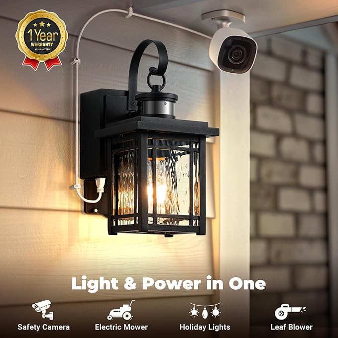 2-Pack Front Porch Light with GFCI Outlet, Black Motion Sensor Outdoor Light Fixtures Wall Mount, Exterior Wall Sconce with Adjustable Sense Range, 100% Aluminum Coach Lantern for Garage, Patio