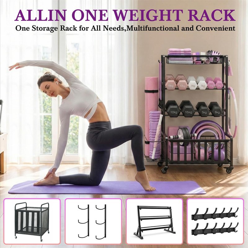 Dumbbell Rack, Home Gym Storage Rack, Adjustable Weight Rack Organizer with Wheels & Hooks, Heavy Duty Gym Equipment Storage, Workout Storage Organizer for Garage Gym