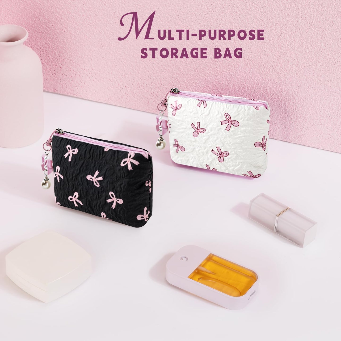 Playexen Mini Makeup Bag, Small Bow Tie Cosmetic Bag for Purse with Keychain, Portable XS Travel Makeup Pouch for Daily Use (Pink)