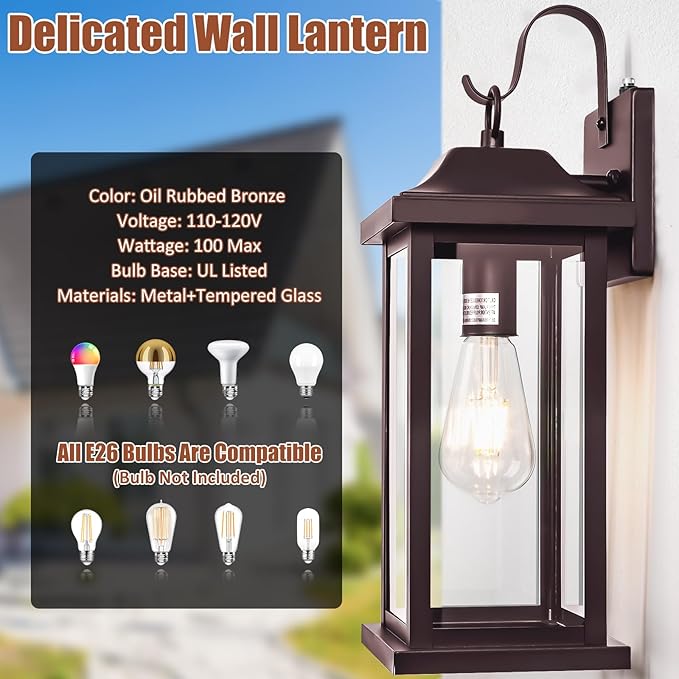 Dusk to Dawn Outdoor Lighting for House 17 Inch Large 1-Pack, Oil Rubbed Bronze Exterior Light Fixture for Front Porch Light with Clear Tempered Glass Waterproof Outside Wall Mounted Lamp
