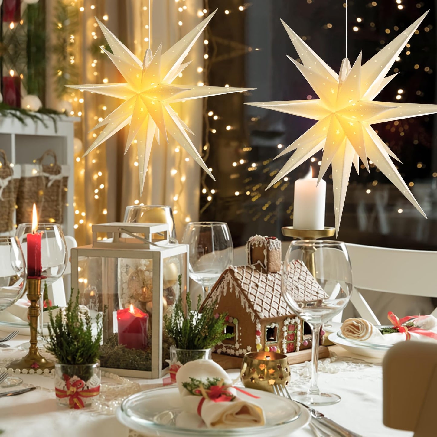 21 Inches White Large Moravian Stars Lights Warm White Hanging Outdoor Christmas Light LED Hanging Star Lights 3D Christmas Tree Topper Star for Holiday Wedding Porch Decor
