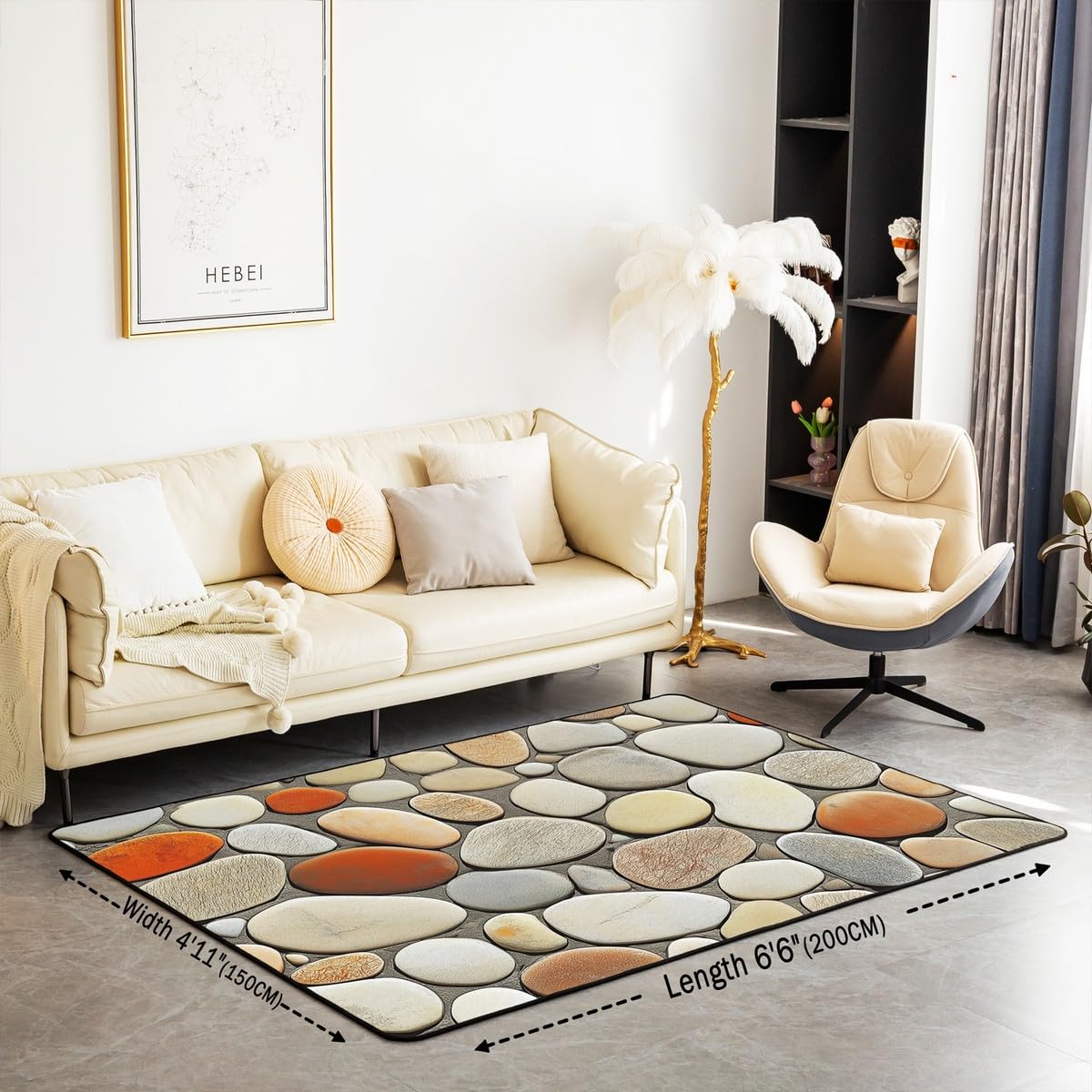 Pebble 3x5 Area Rug - 3D Stone Gravel Rugs for Living Room Garden Cobble Print Washable Rug, Cobblestone Hawaii Beach Carpet Indoor Floor Mat,Light Brown