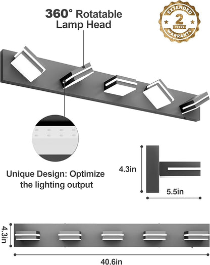 VOLISUN 5 Light Bathroom Vanity Light Fixtures 40 inch,Black LED Bathroom Lighting Fixtures Over Mirror, 360°Rotatable Head, LED Vanity Lights for Bathrooms (6000K)