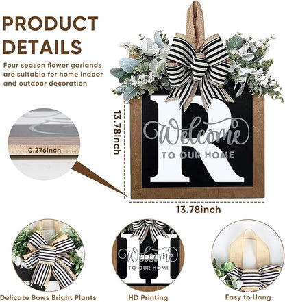 Ultra Large 14'' Last Name All Year Round Front Door Wreath with 26 Initial Letter Welcome Sign All Seasons Eucalyptus Garland and Bow Wreaths for Front Door Porch Farmhouse Decoration (R)