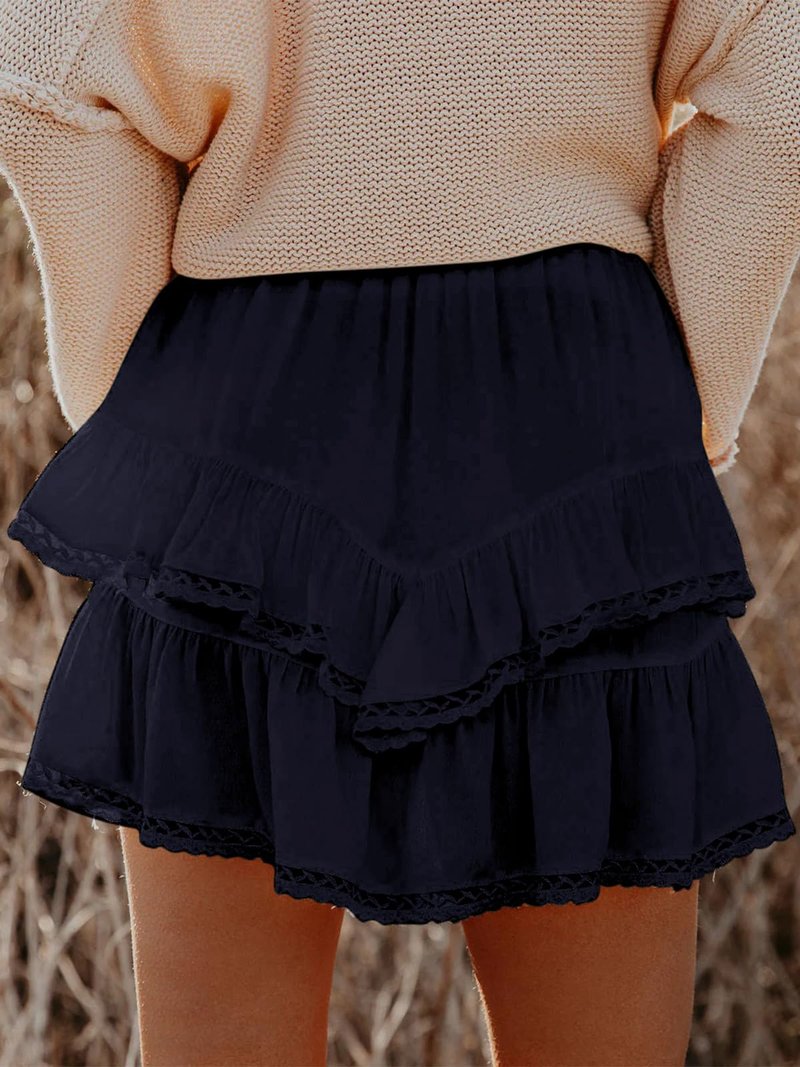 Aoudery Flowy Shorts for Women Casual Boho Ruffle Tiered Skorts High Waist Mini Skirts Golf Tennis Butterfly Crochet Shorts - Navy Blue XS