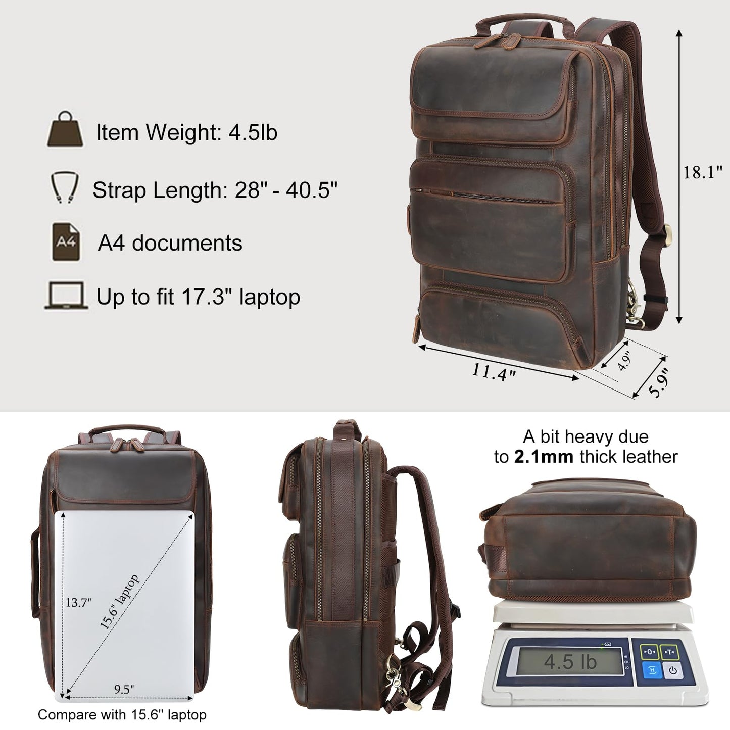 TIDING Full Grain Leather 17.3 Inch Laptop Backpack for Men, Convertible Business Briefcase Weekender Camping Bag Travel Rucksack