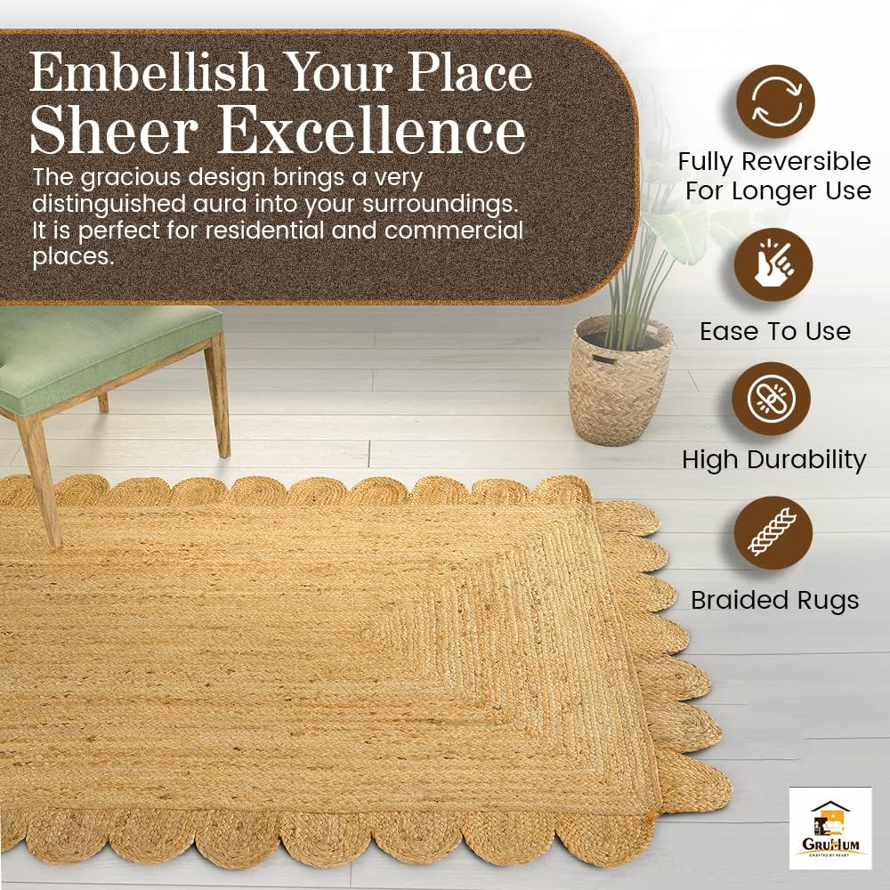 GRUHUM Scalloped Jute Area Rugs 6x9ft Rectangular Natural Fiber Handwoven Soft Braided Rustic Vintage EcoFriendly Rug- Farmhouse Indoor EcoFriendly Livingroom Bedroom Kitchen Hallways 6'x9' Ft