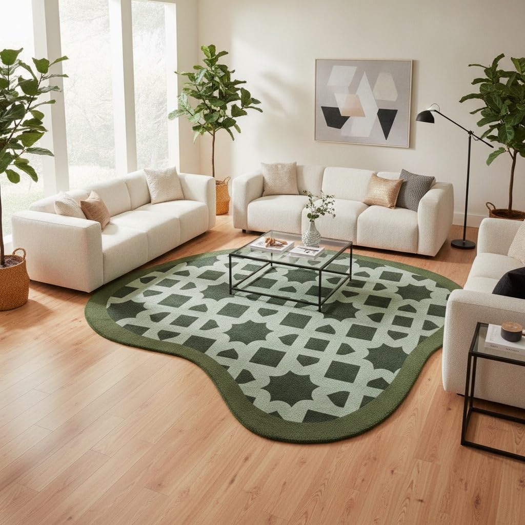 Navy Blue Beige Green Irregular Shaped Rug Modern Abstract Unique Geometric Pattern Art Deco Area Rug for Living Room Bedroom Kitchen Non Slip Stain Resistant Under Dining Table Floor Rug 3ft