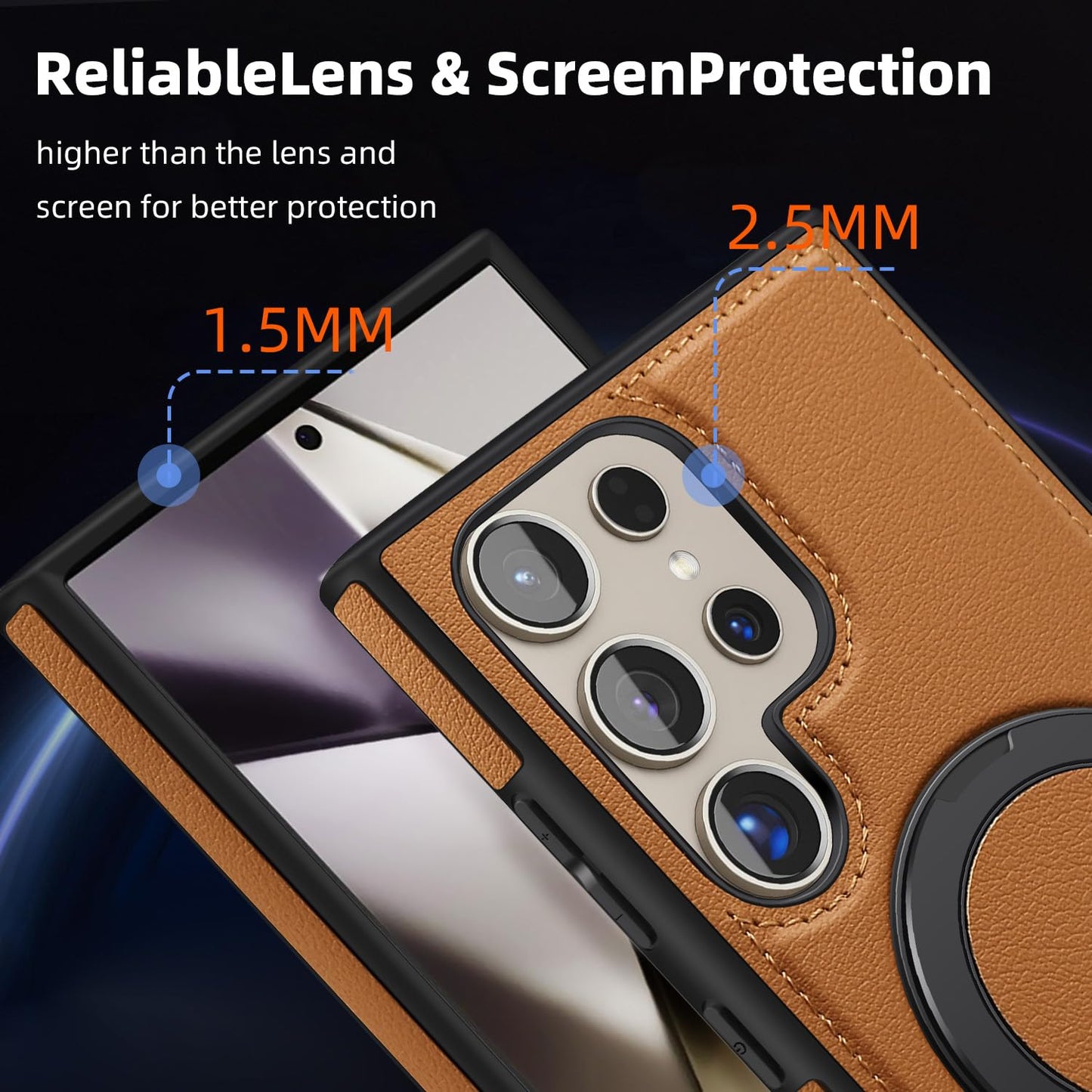 Newhalper Magnetic PU Leather Case Fit for Samsung Galaxy S24 Ultra [Compatible with MagSafe][360-Degree Rotatable Ring Stand & Kickstand] Phone Cover for Samsung S24 Ultra (Brown)