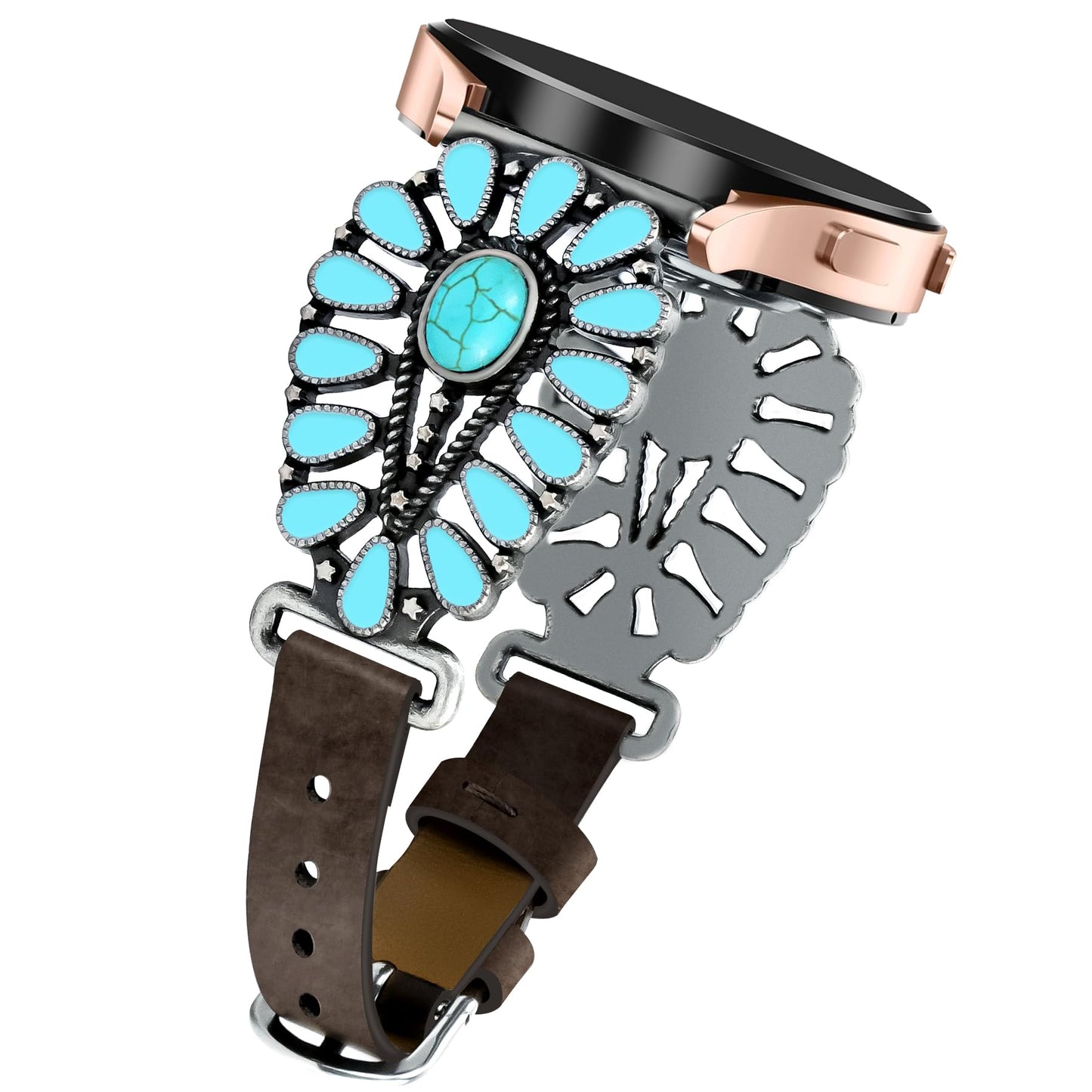 JR.DM Leather Band Women Compatible with Samsung Galaxy Watch 7/6/5/4/Active 2 40mm 44mm/Watch 6 Classic 43mm 47mm/Watch 5 Pro 45mm/Watch 4 Classic 42mm 46mm, Western Boho Turquoise 20mm Straps, Brown