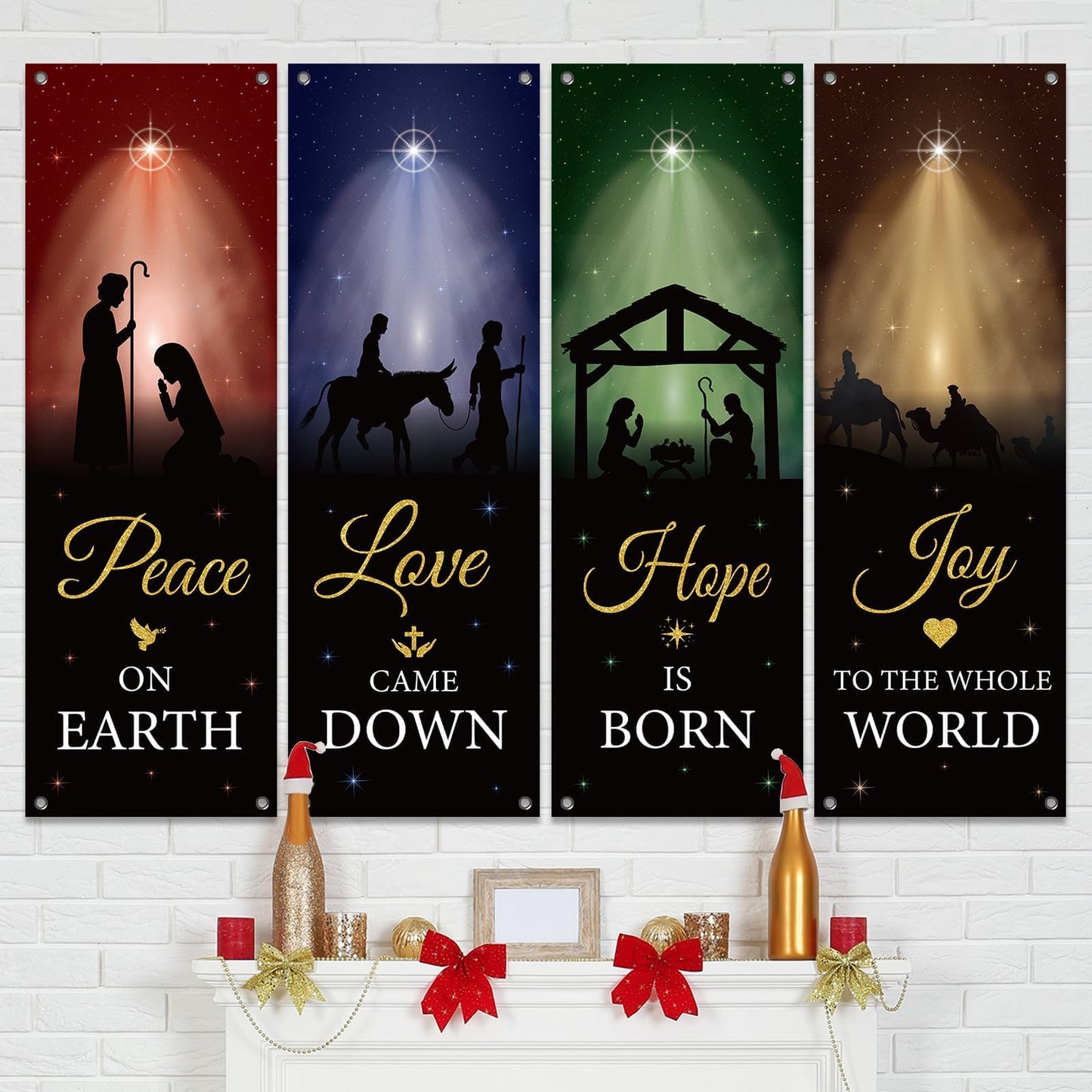 4Pcs Welcome Religious Easter Banners for Church Sanctuary Wall - Hanging Backdrop Nativity Scene Banner Scripture - Easter Porch Signs for School Nativity Decor