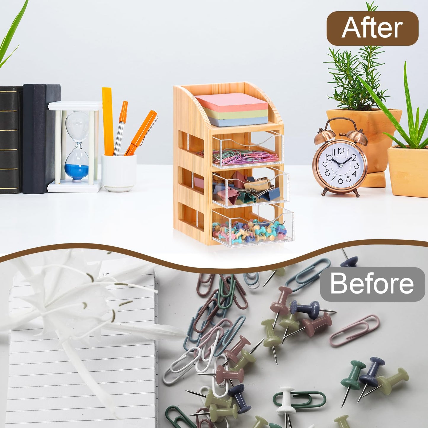 3 Drawer Desktop Accessory Storage Drawers Clear Desktop Organizer with Drawers Small Desk Organizer with Drawer Paper Clip and Binder Holder Wood Acrylic Sticky Note Holder 4.53"L x 4.1"W x 7.7"H