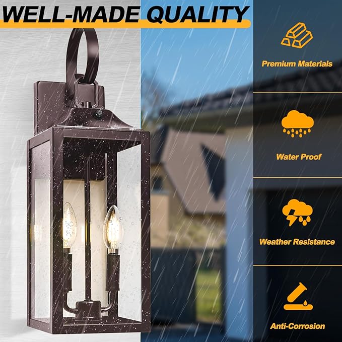 Oil Rubbed Bronze Dusk to Dawn Outdoor Wall Lighting, 19" Large Outside Modern Wall Sconce Lantern, Industrial Porch Light Wall Mount, Waterproof Farmhouse Exterior Lamp 2-Light Brown